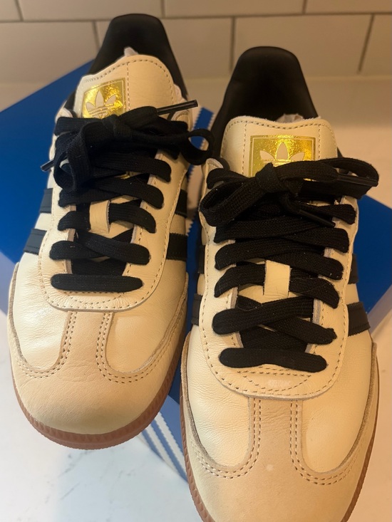 adidas Shoes - adidas Cream Leather Sneakers with Black Stripes and Gum Sole